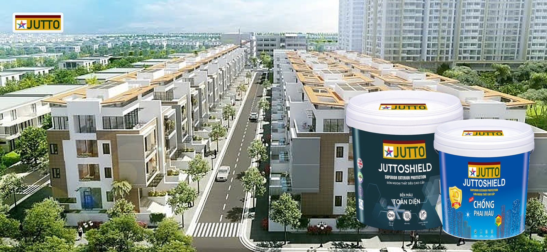 Ảnh minh hoạ khu đô thị nhà liền kề, cùng hai dòng sơn ngoại thất JUTTOSHIELD Bền Màu Toàn Diện và Chống Phai Màu
